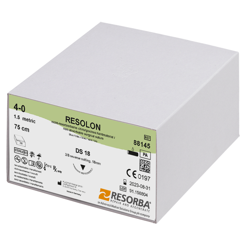 Резолон USP4-0 синій, довжина 75см, зворотньо-ріжуча голка 18мм, 3/8 кола